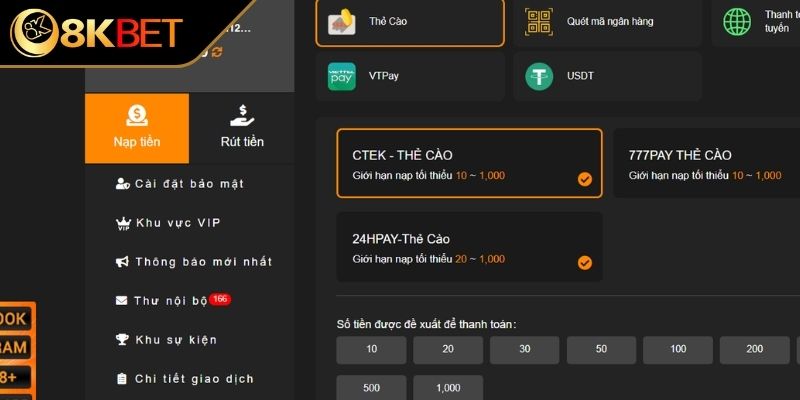 Truy cập trang web chuẩn bị nạp tiền 8KBET